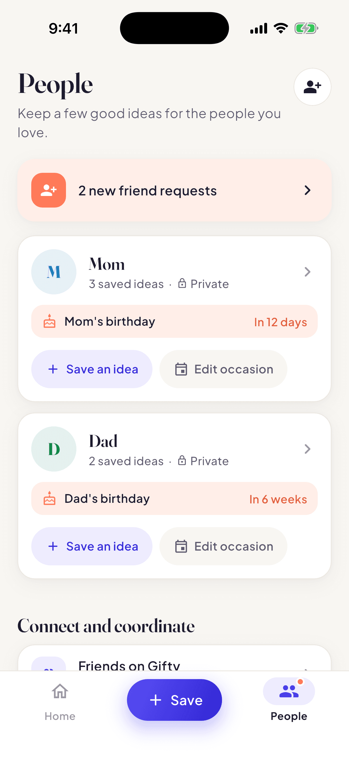 Friends and upcoming birthdays in the Gifty app