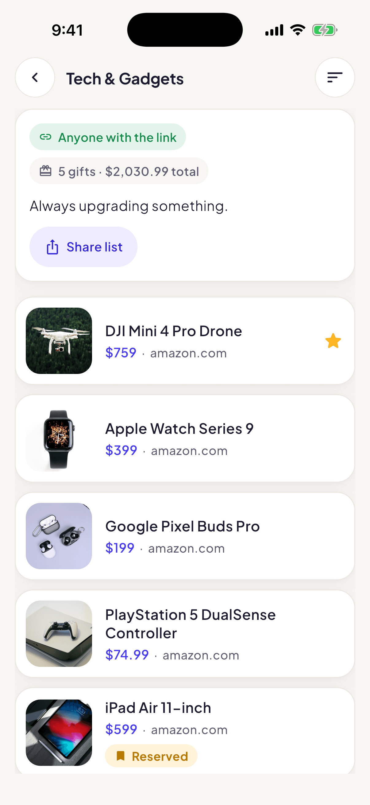 A shared Gifty list where friends can reserve gifts